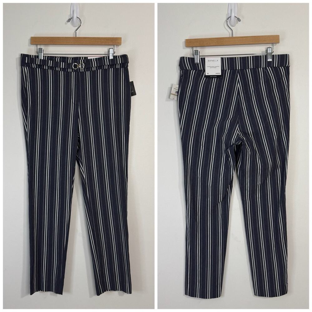 NWT Rafaella Comfort Striped Slim Ankle Belted Pull On Pants Size 12 Blue White